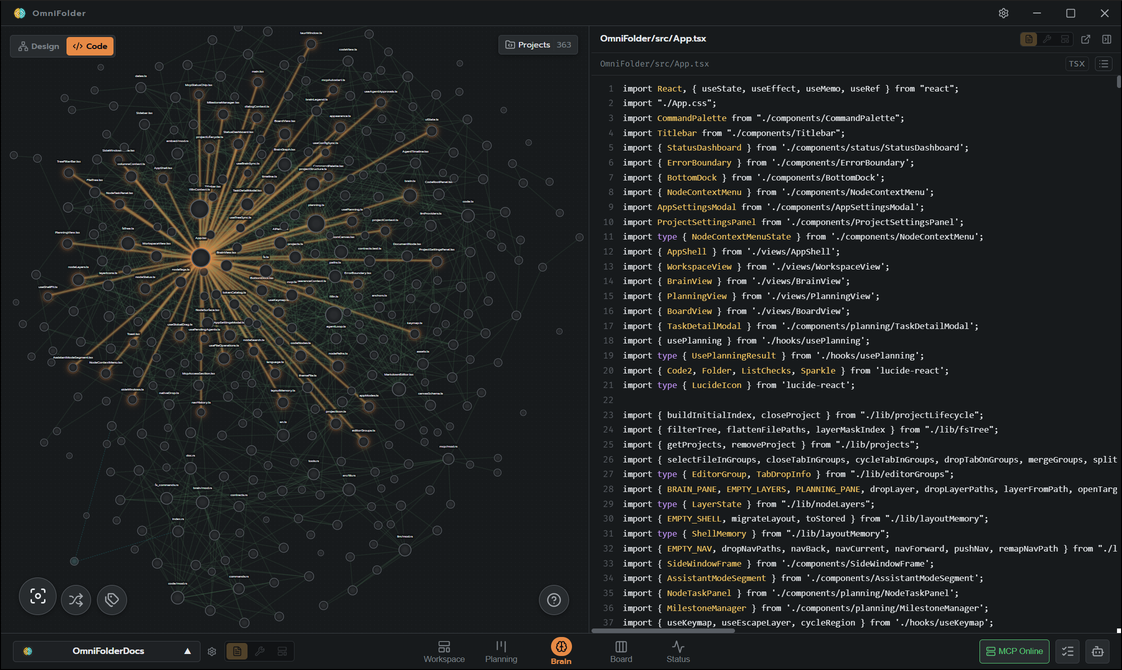 OmniFolder's code intelligence view: the import graph of the application with a read-only source preview