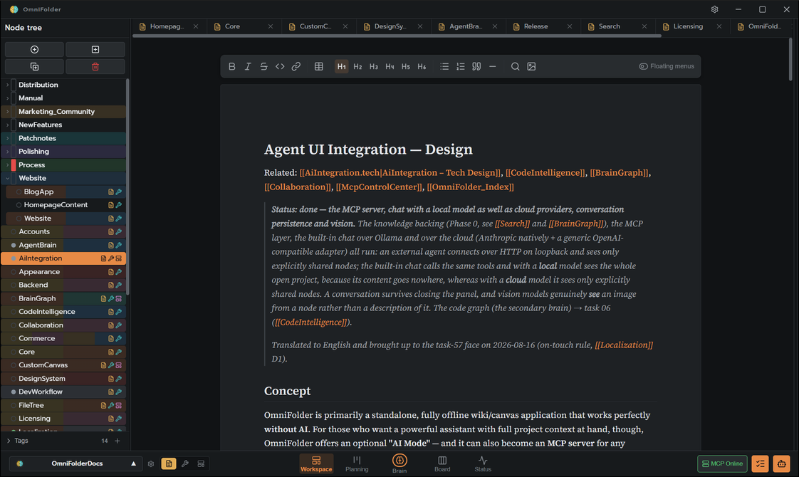 OmniFolder in Workspace mode: a design note open in the editor, the node tree beside it